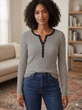 Lucky Brand black white striped Henley top cotton XL